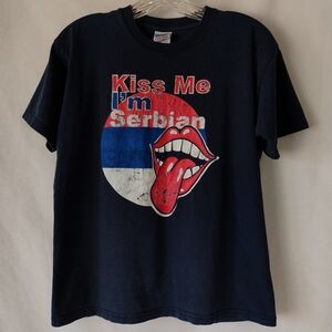 Large Youth's Vintage "Kiss Me I'm Serbian" Flag Tongue & Lips Graphic Navy Tee